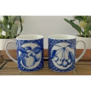 Pier 1 Cobalt Blue and White Fruit Design Cherries & Oranges Coffee Mugs EC
